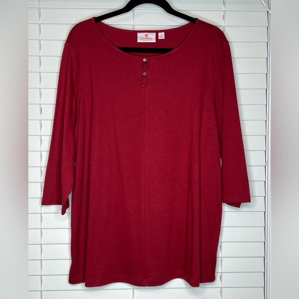 Quacker Factory 3/4 sleeve top with double keyhole neckline & stone accents